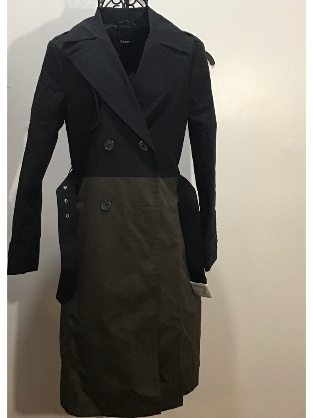 Express Womens M Black Olive Green Nylon Belted Midi Belted Trench Coat XS